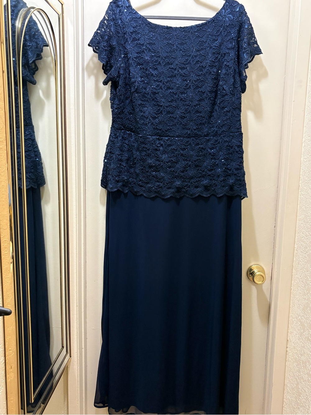 Navy Lace Overlay Evening Dress